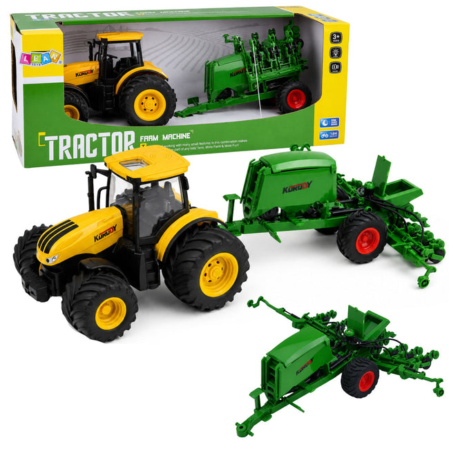 Traktor Rolniczy z Siewnikiem i Agregatem Światła Dźwięki Żółty 1:24