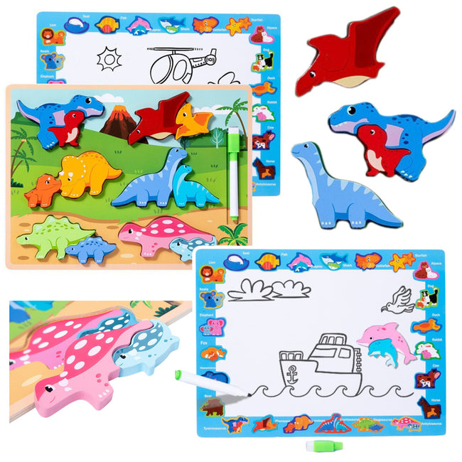Układanka Tablica 2w1 Drewniana Edukacyjna Pisak Dinozaury 12el