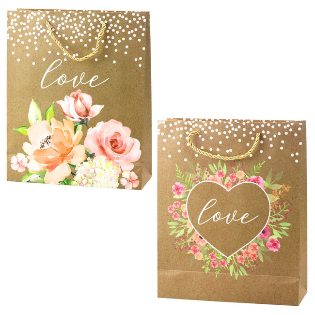 Torba Prezentowa Napis Love Kwiaty Brokat 32 x 26 x 10 cm