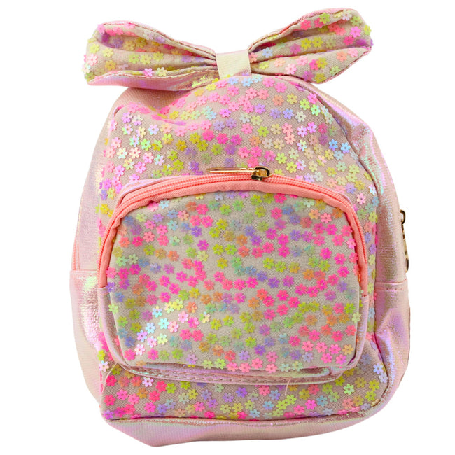 Plecak Dziecięcy Z Cekinami W Kwiatki Kokarda Jasnoróżowy 22cm 2,8L