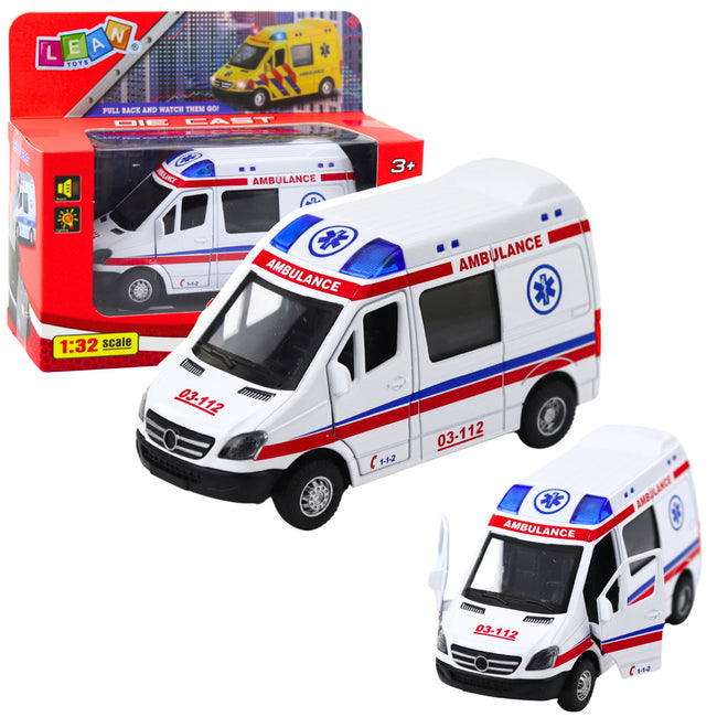 Karetka Ambulans Metalowy Z Napędem Pull Back Światła Dźwięki Biały 1:32