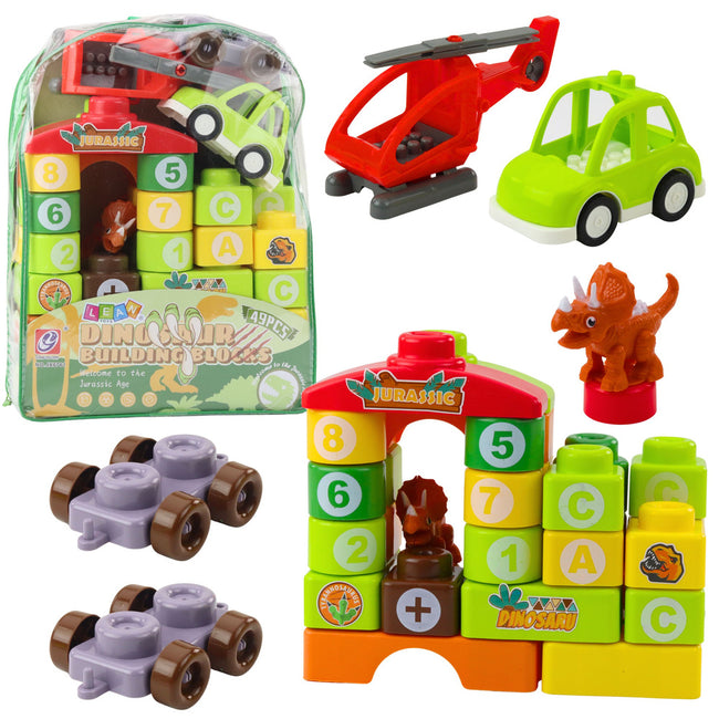 Klocki Konstrukcyjne Edukacyjne W Plecaku Dinozaury Cyfry Litery 49 el.
