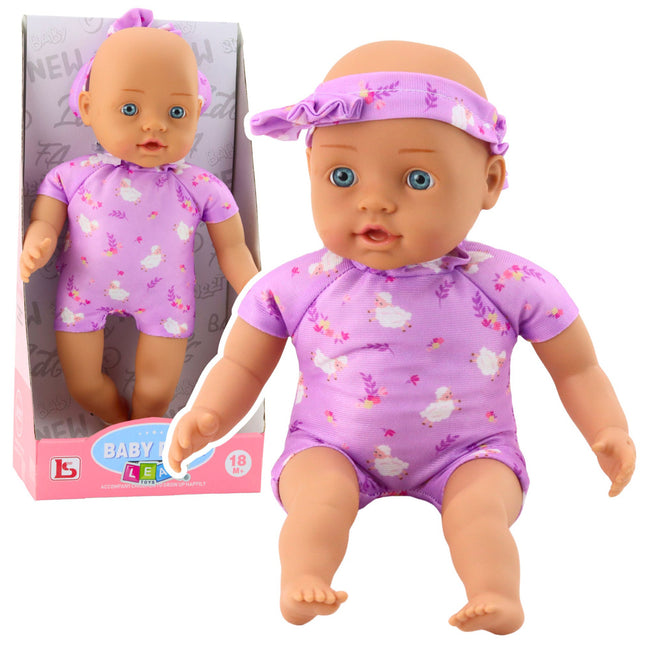 Lalka Niemowlę w Fioletowym Body Miękki Brzuszek Opaska Z Kokardką 31 cm