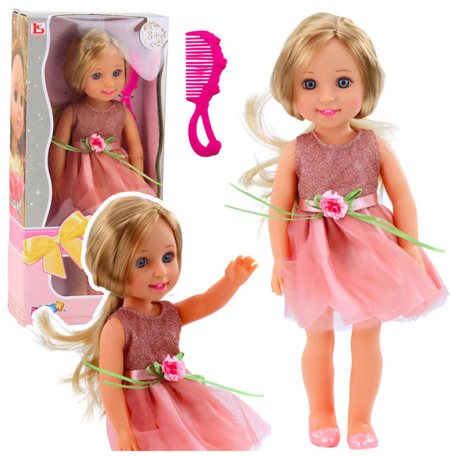 Lalka W Sukience z Kokardką Długie Włosy Różowa Grzebień  38cm