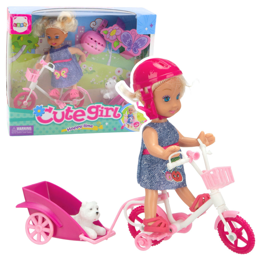 Zestaw Mini Laleczka Rower Przyczepka Kask Biały Piesek