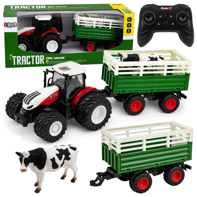 Traktor Rolniczy z Przyczepą Zdalnie Sterowany RC Figurka Krowy 1:24