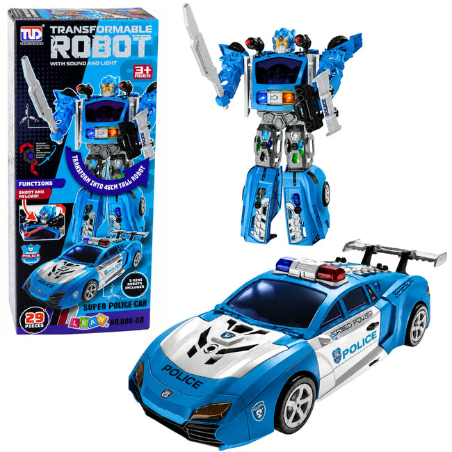 Auto Robot 2w1 Samochód Policyjny Wyrzutnia Małe Roboty Światła Dźwięki