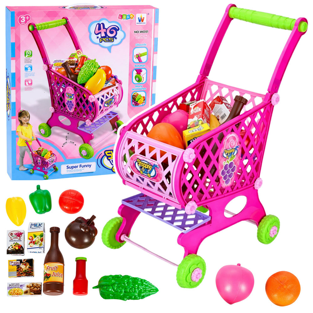 Duży Wózek Sklepowy Dla Dzieci Produkty Spożywcze Różowy 52cm 46 el.