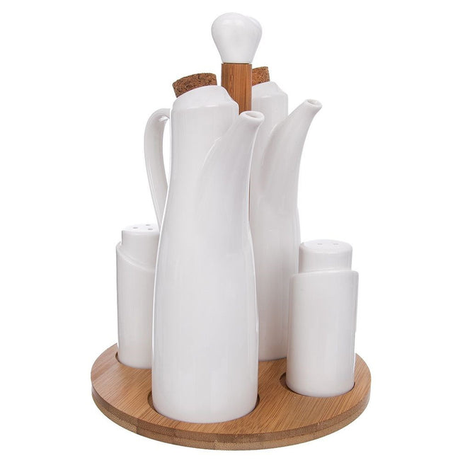 Solniczka, pieprzniczka, butelki na olej i ocet porcelanowa ze stojakiem WHITELINE 5 el.